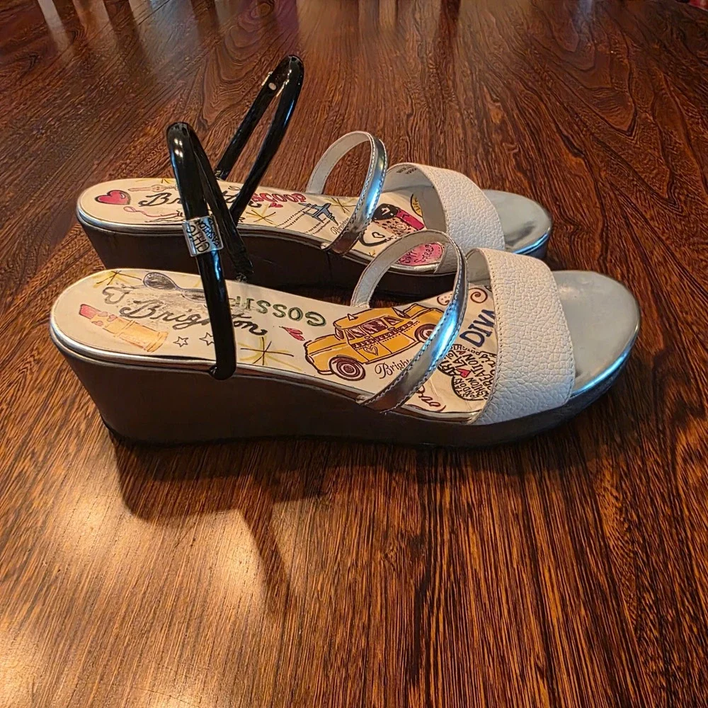 Brighton Harper Wedge Sandals White Silver Black Fashion Scoop Graphic Womens 8M